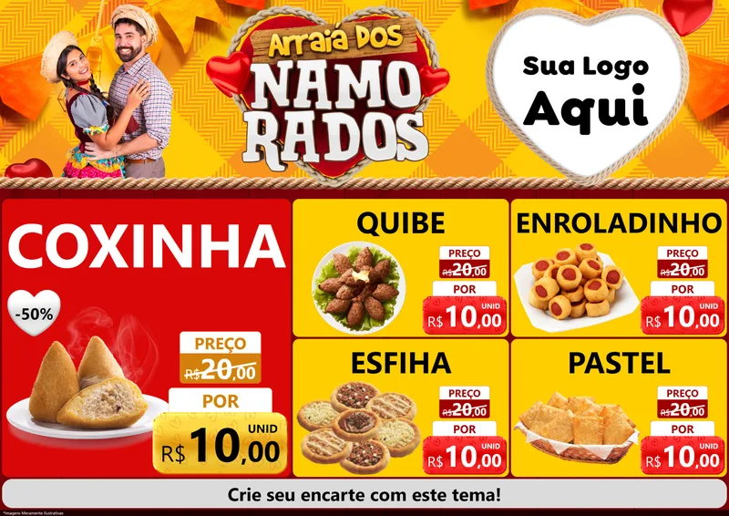 Modelo de Encarte para Encarte A4 Horizontal com o tema Arraiá dos Namorados para Salgadaria