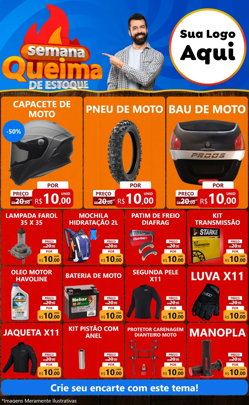 Modelo de Encarte para Encarte Grande com o tema Semana Queima de Estoque para Moto peças