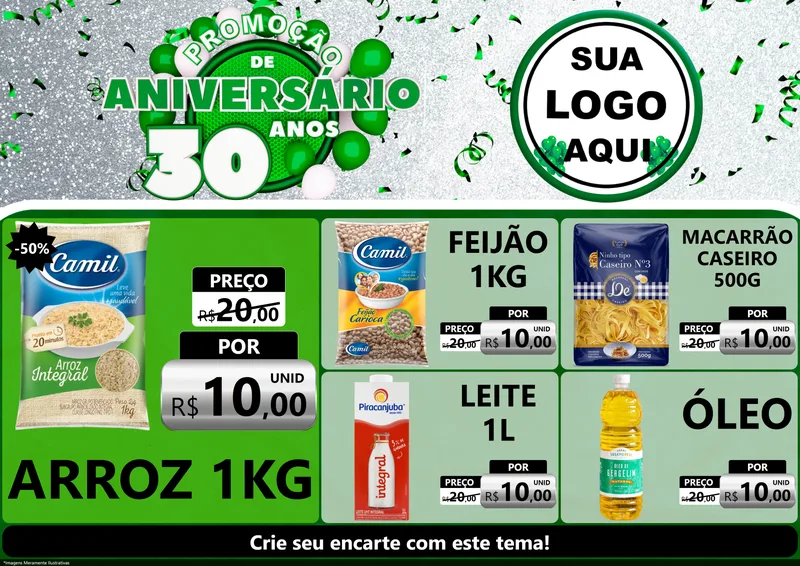 Modelo de Encarte para Encarte A4 Horizontal com o tema Promoção de Aniversário - 30 Anos para Supermercado