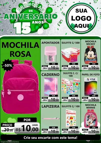 Modelo de Encarte para Encarte A4 Vertical com o tema Promoção de Aniversário - 15 Anos para Papelaria