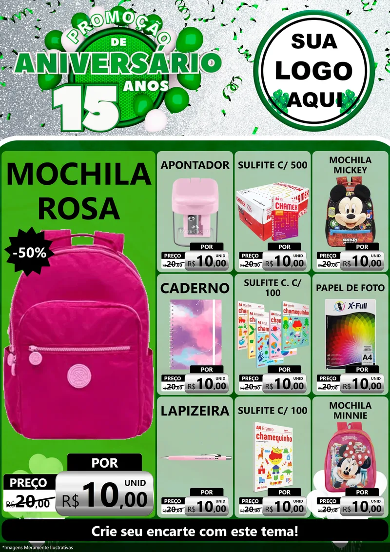 Modelo de Encarte para Encarte A4 Vertical com o tema Promoção de Aniversário - 15 Anos para Papelaria