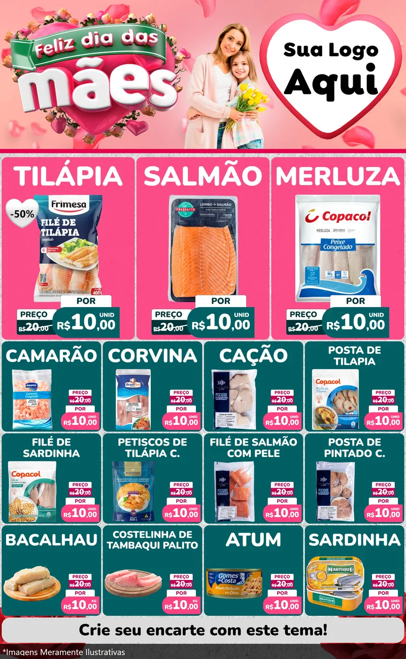 Modelo de Encarte para Encarte Grande com o tema Feliz Dia das Mães para Peixaria
