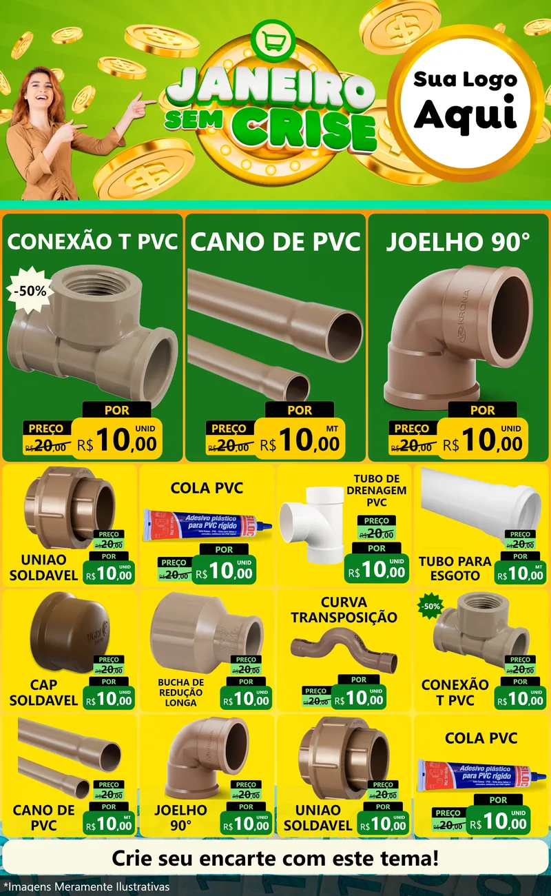 Modelo de Encarte para Encarte Grande com o tema Janeiro Sem Crise para Tubos e conexões