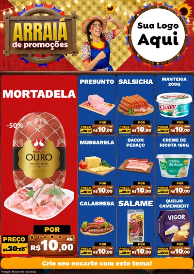 Modelo de Encarte para Encarte A4 Vertical com o tema Arraiá de Promoções para Frios e Laticínios