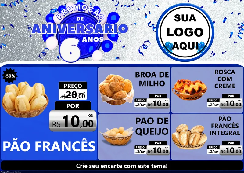 Modelo de Encarte para Encarte A4 Horizontal com o tema Promoção de Aniversário - 6 Anos para Padaria