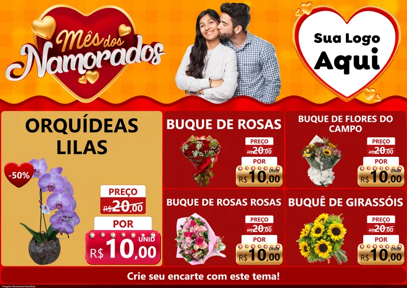 Modelo de Encarte para Encarte A4 Horizontal com o tema Mês dos Namorados para Floricultura e jardim