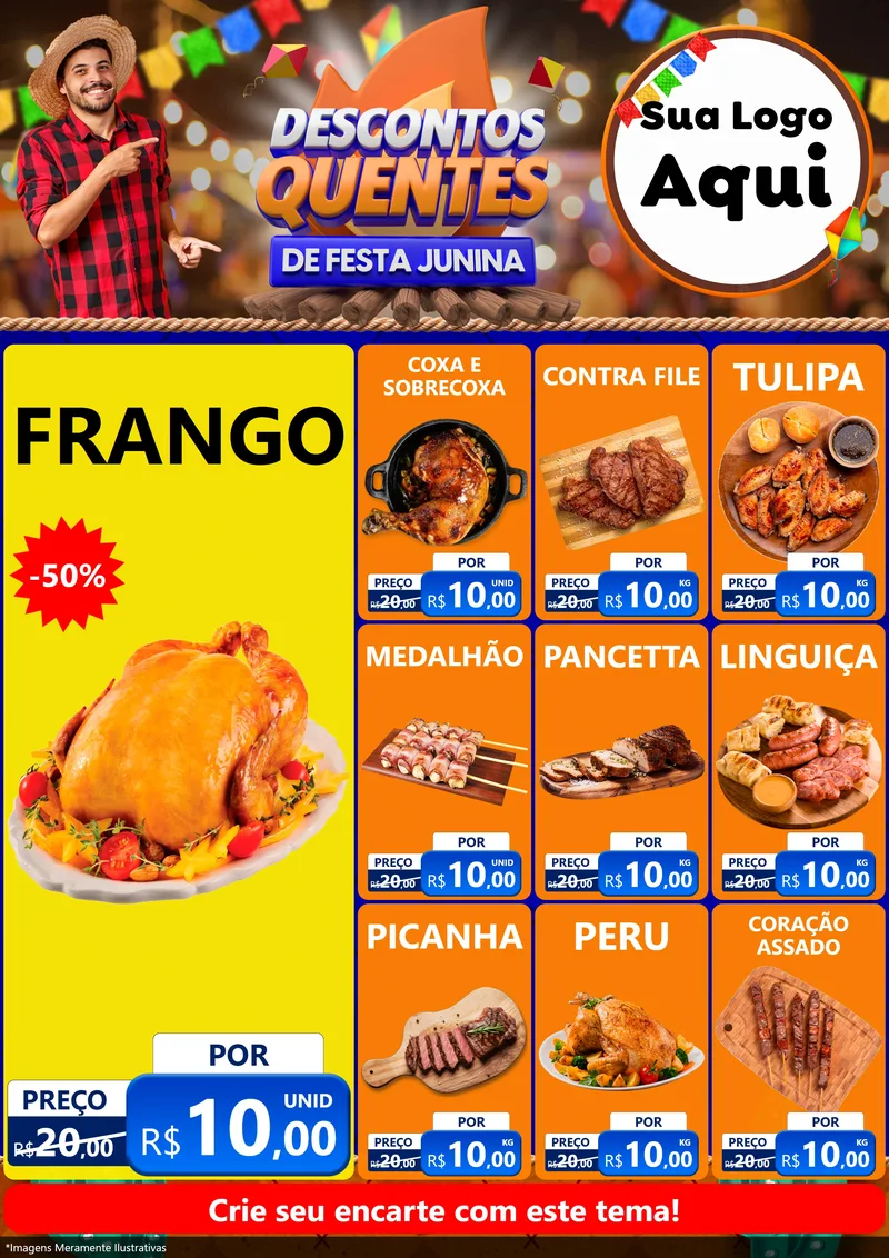 Modelo de Encarte para Encarte A4 Vertical com o tema Descontos Quentes de Festa Junina para Assados