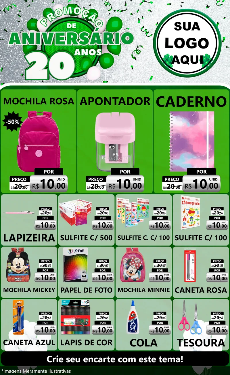Modelo de Encarte para Encarte Grande com o tema Promoção de Aniversário - 20 Anos para Papelaria