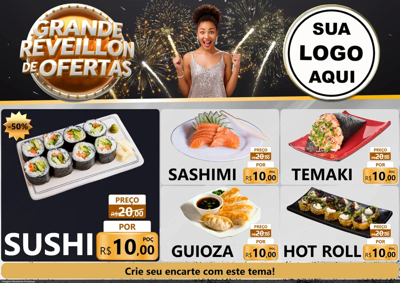 Modelo de Encarte para Encarte A4 Horizontal com o tema Grande Réveillon de Ofertas para Comida japonesa