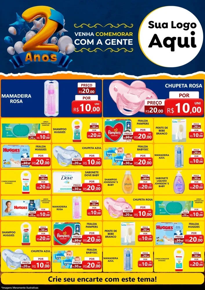 Modelo de Encarte para Encarte A4 Vertical com o tema Aniversário de 2 anos para Bebês