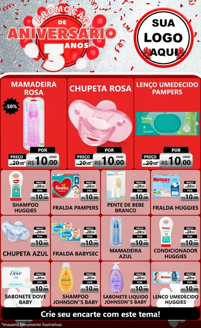 Modelo de Encarte para Encarte Grande com o tema Promoção de Aniversário - 3 Anos para Bebês