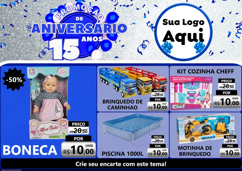 Modelo de Encarte para Encarte A4 Horizontal com o tema Promoção de Aniversário - 15 Anos para Brinquedos