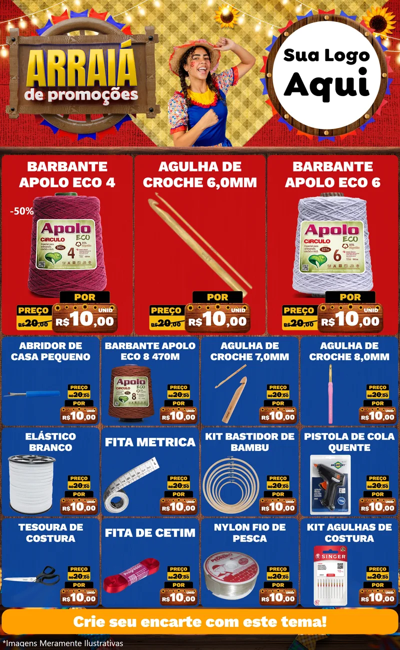 Modelo de Encarte para Encarte Grande com o tema Arraiá de Promoções para Armarinho e Aviamentos