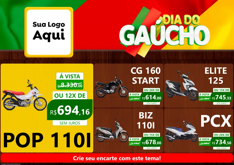 Modelo de Encarte para Encarte A4 Horizontal com o tema Dia do Gaúcho para Concessionaria de Motos
