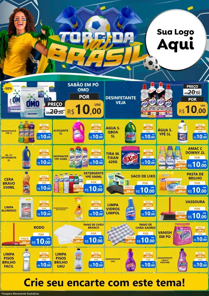 Modelo de Encarte para Encarte A4 Vertical com o tema Torcida Vai Brasil - Copa para Produtos de Limpeza