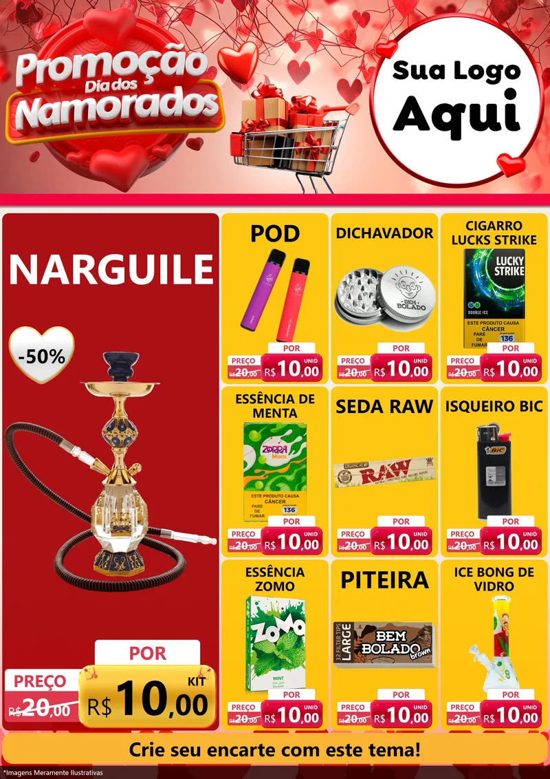 Modelo de Encarte para Encarte A4 Vertical com o tema Promoção Dia dos Namorados para Tabacaria
