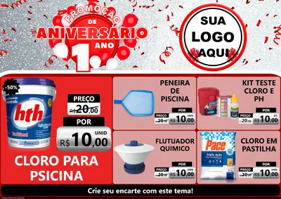 Modelo de Encarte para Encarte A4 Horizontal com o tema Promoção de Aniversário - 1 Ano para Produtos para Piscina