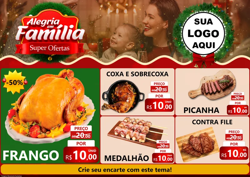 Modelo de Encarte para Encarte A4 Horizontal com o tema Alegria Em Família - Super Ofertas para Assados