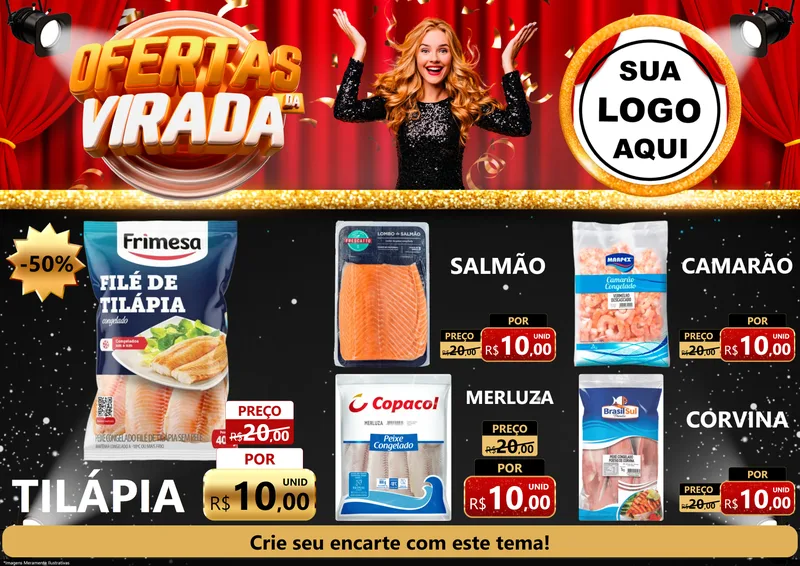 Modelo de Encarte para Encarte A4 Horizontal com o tema Ofertas da Virada para Peixaria