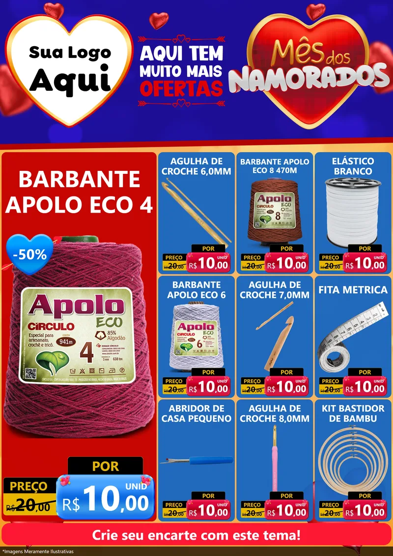 Modelo de Encarte para Encarte A4 Vertical com o tema Mês dos Namorados para Armarinho e Aviamentos