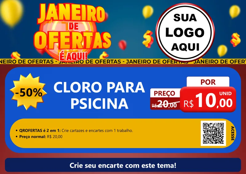 Modelo de Cartaz para Cartaz A4 Horizontal com o tema Janeiro de Ofertas É Aqui! para Produtos para Piscina