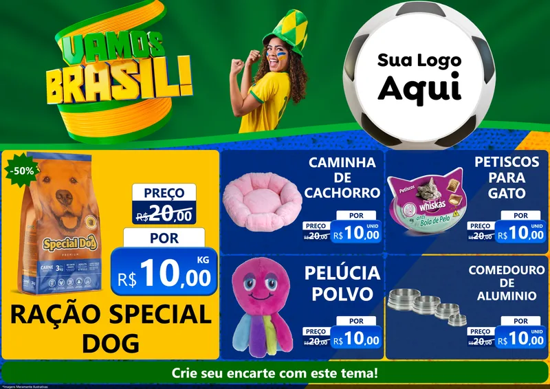 Modelo de Encarte para Encarte A4 Horizontal com o tema Vamos Brasil - Copa para Pet Shop