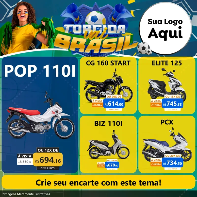 Modelo de Rede Social para Feed Facebook com o tema Torcida Vai Brasil - Copa para Concessionaria de Motos