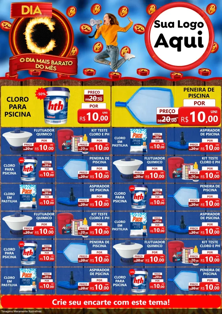 Modelo de Encarte para Encarte A4 Vertical com o tema Dia C - O Dia Mais Barato Do Mês para Produtos para Piscina