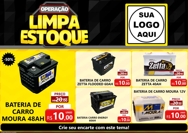 Modelo de Encarte para Encarte A4 Horizontal com o tema Operação Limpa Estoque para Baterias Elétricas