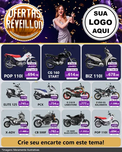Modelo de Rede Social para Feed Instagram com o tema Ofertas de Réveillon para Concessionaria de Motos