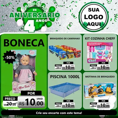Modelo de Rede Social para Feed Facebook com o tema Promoção de Aniversário - 4 Anos para Brinquedos