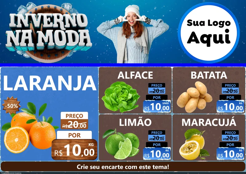 Modelo de Encarte para Encarte A4 Horizontal com o tema Inverno na Moda para Hortifrúti
