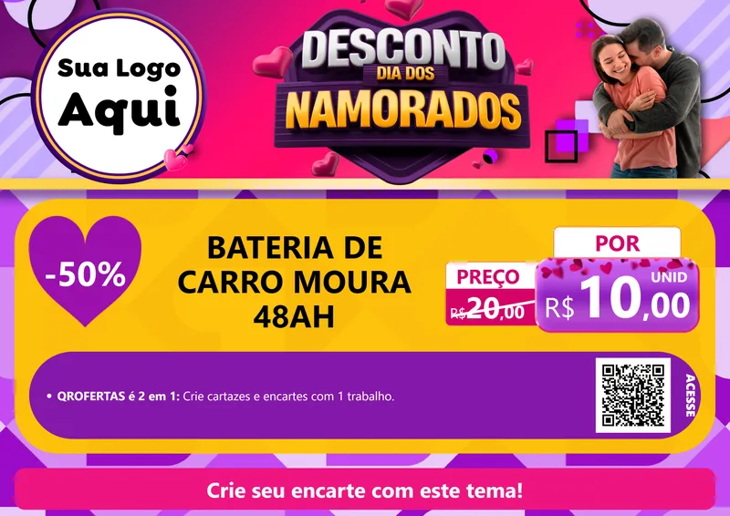 Modelo de Cartaz para Cartaz A4 Horizontal com o tema Desconto Dia dos Namorados para Baterias Elétricas