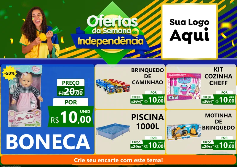 Modelo de Encarte para Encarte A4 Horizontal com o tema Ofertas da Semana da Independência para Brinquedos