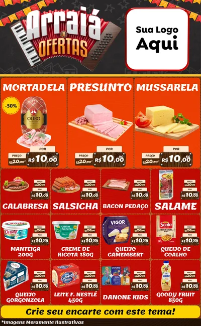 Modelo de Encarte para Encarte Grande com o tema Arraiá de Ofertas - Junina para Frios e Laticínios