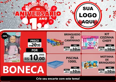 Modelo de Encarte para Encarte A4 Horizontal com o tema Promoção de Aniversário - 1 Ano para Brinquedos