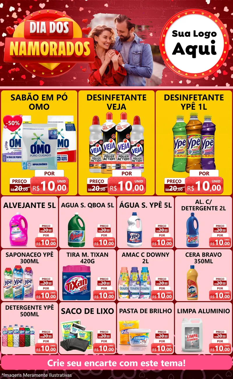 Modelo de Encarte para Encarte Grande com o tema Dia Dos Namorados para Produtos de Limpeza