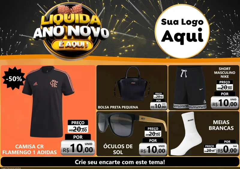 Modelo de Encarte para Encarte A4 Horizontal com o tema Liquida Ano Novo É Aqui! para Roupas e acessórios