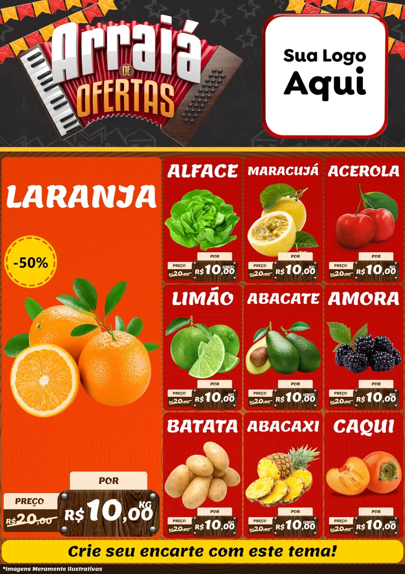 Modelo de Encarte para Encarte A4 Vertical com o tema Arraiá de Ofertas - Junina para Hortifrúti