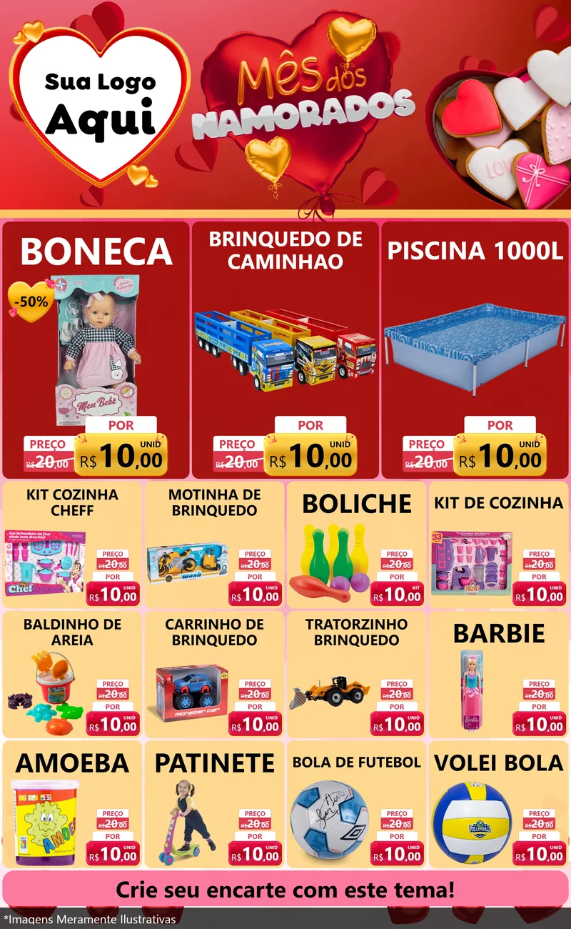 Modelo de Encarte para Encarte Grande com o tema Mês dos Namorados para Brinquedos