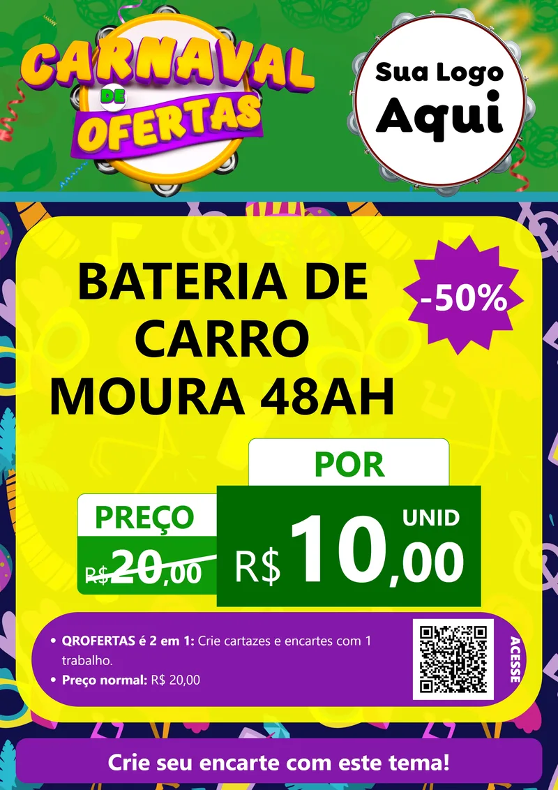 Modelo de Cartaz para Cartaz A4 Vertical com o tema Carnaval de Ofertas para Baterias Elétricas