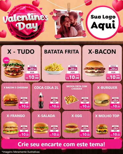Modelo de Rede Social para Feed Instagram com o tema Valentine's Day para Hamburgueria