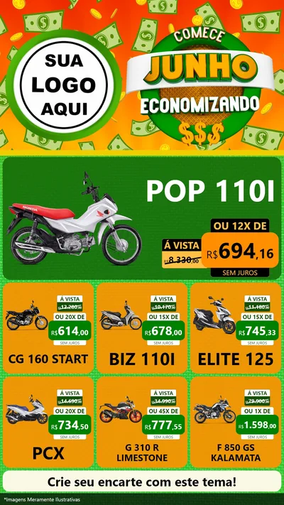Modelo de Rede Social para Stories com o tema Comece Junho Economizando para Concessionaria de Motos