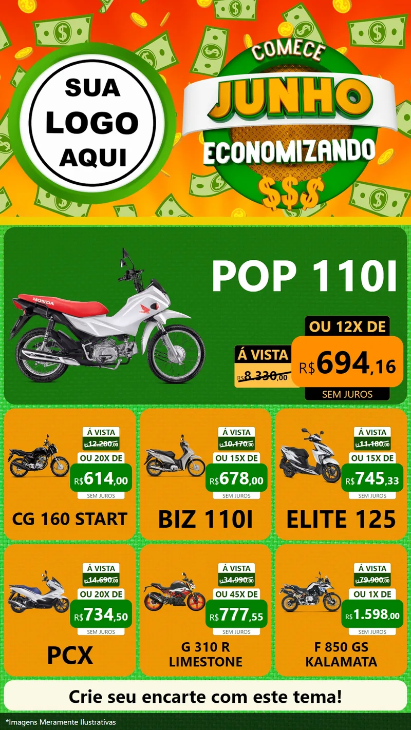 Modelo de Rede Social para Stories com o tema Comece Junho Economizando para Concessionaria de Motos