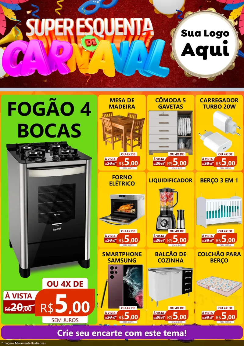 Modelo de Encarte para Encarte A4 Vertical com o tema Super Esquenta de Carnaval para Móveis e Eletro