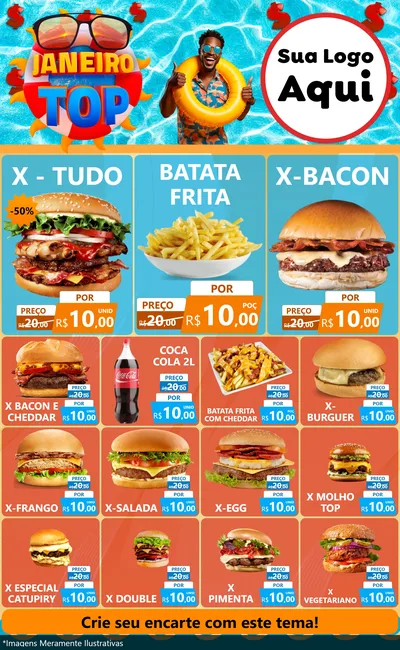 Modelo de Encarte para Encarte Grande com o tema Janeiro Top para Hamburgueria
