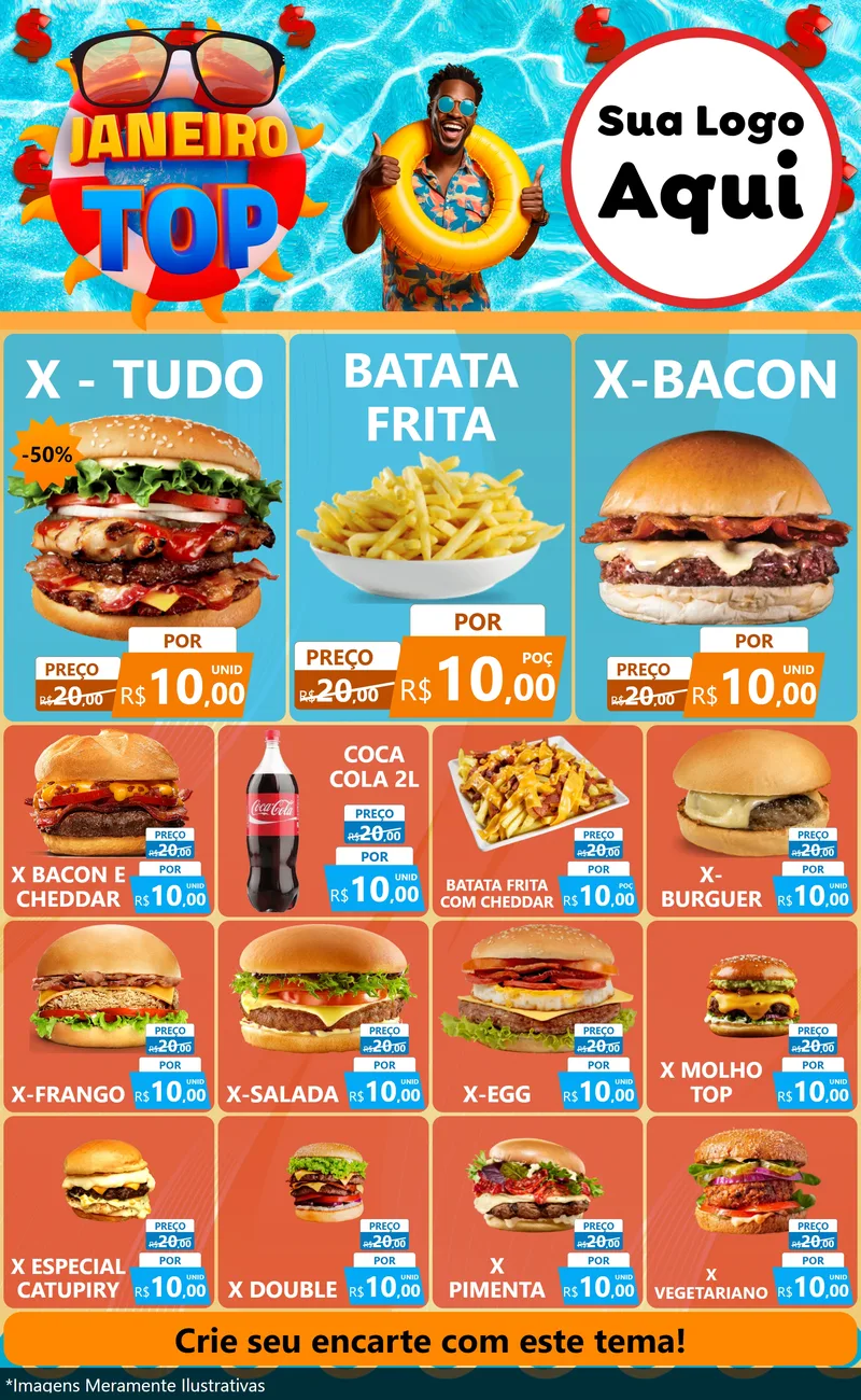 Modelo de Encarte para Encarte Grande com o tema Janeiro Top para Hamburgueria