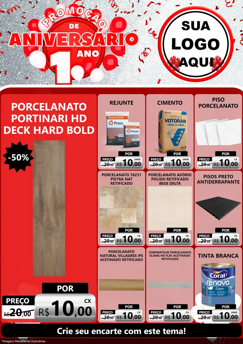 Modelo de Encarte para Encarte A4 Vertical com o tema Promoção de Aniversário - 1 Ano para Pisos e revestimentos