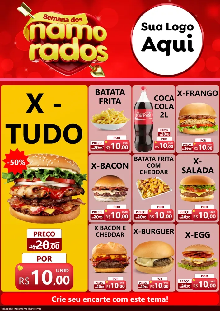 Modelo de Encarte para Encarte A4 Vertical com o tema Semana dos namorados para Hamburgueria