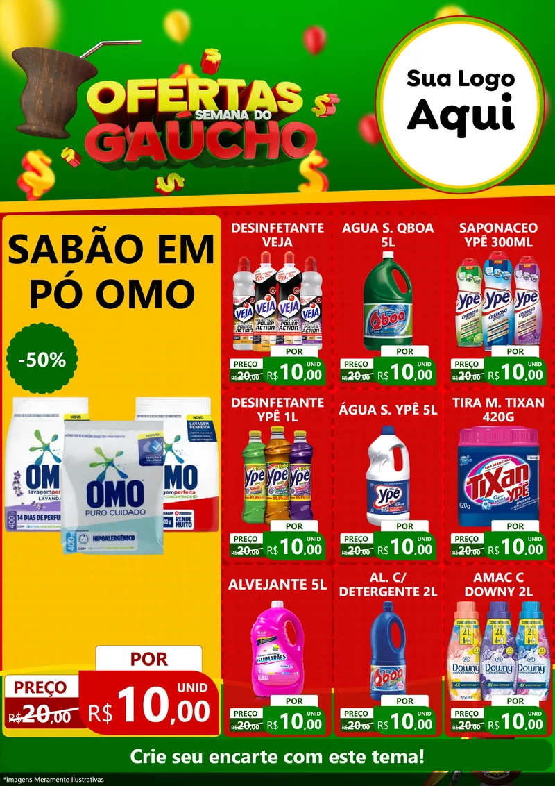 Modelo de Encarte para Encarte A4 Vertical com o tema Ofertas Semana Do Gaúcho para Produtos de Limpeza
